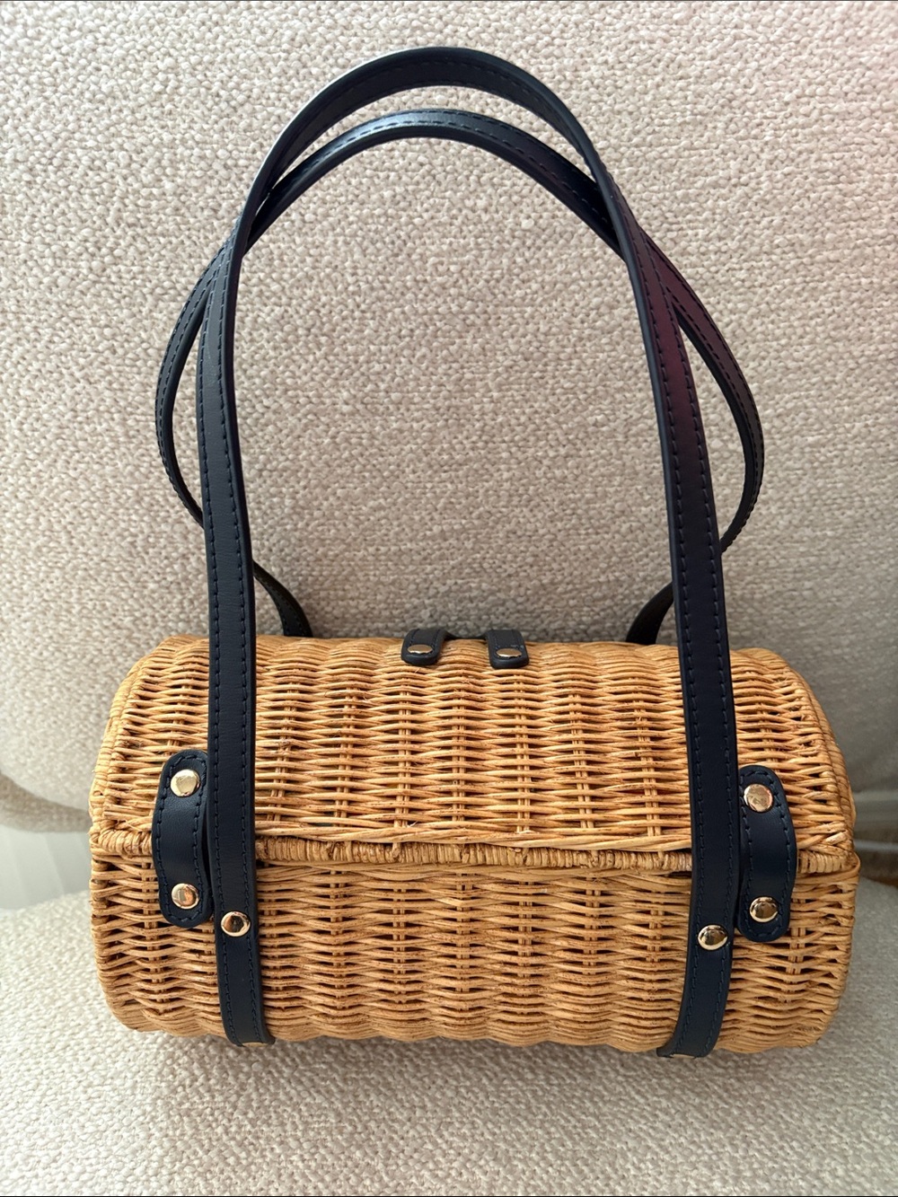 Frances Valentine Wicker Mini Barrel Bag with Black Leather Trim - Picture 5 of 6